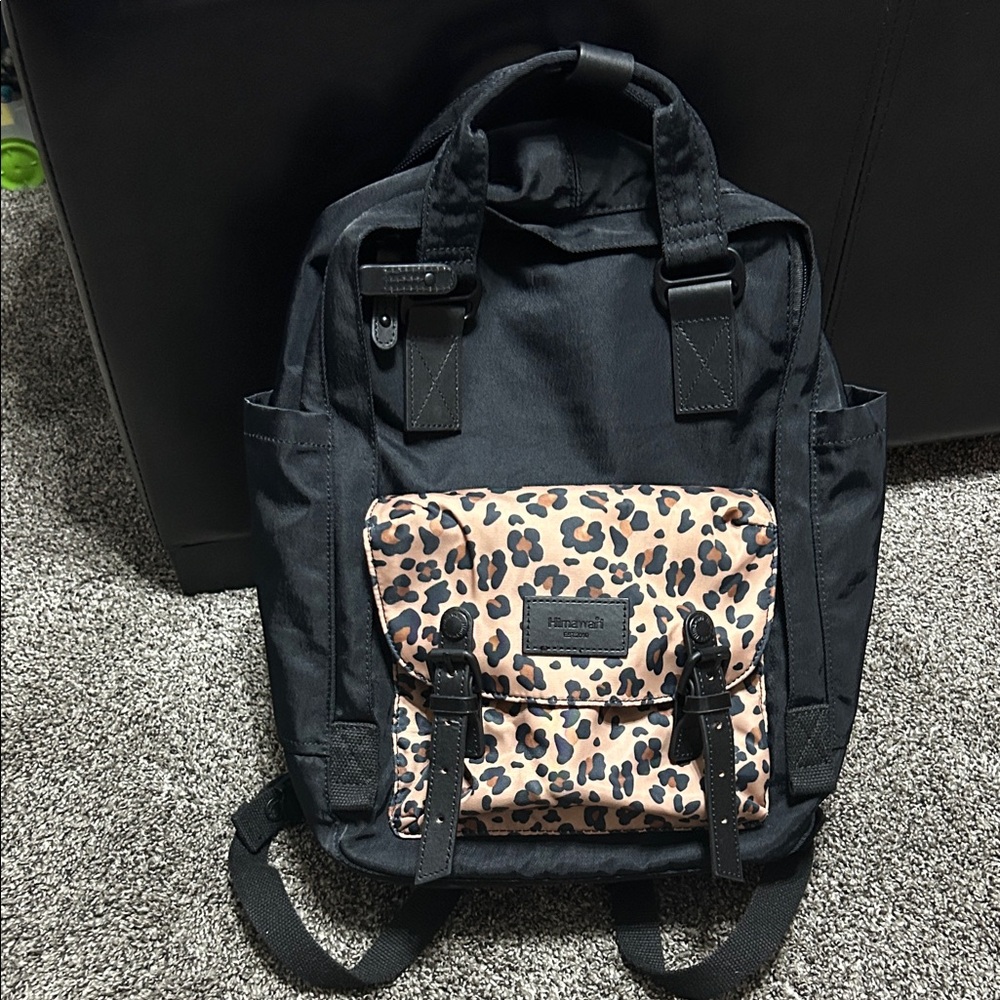 Elegant Black Backpack with Leopard Print Accent